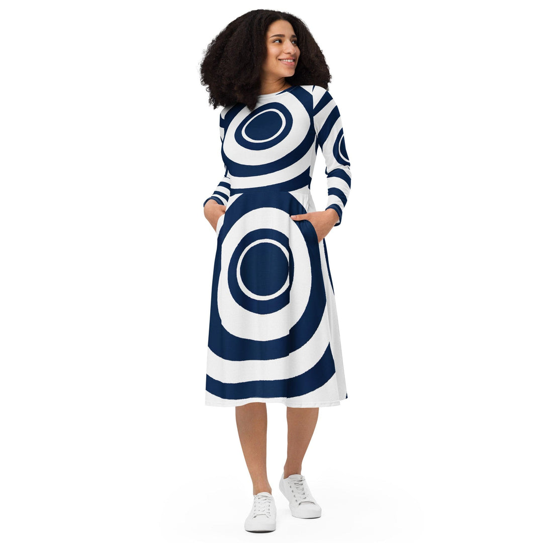 Womens Long Sleeve Midi Dress Navy Blue and White Circular Pattern - Womens