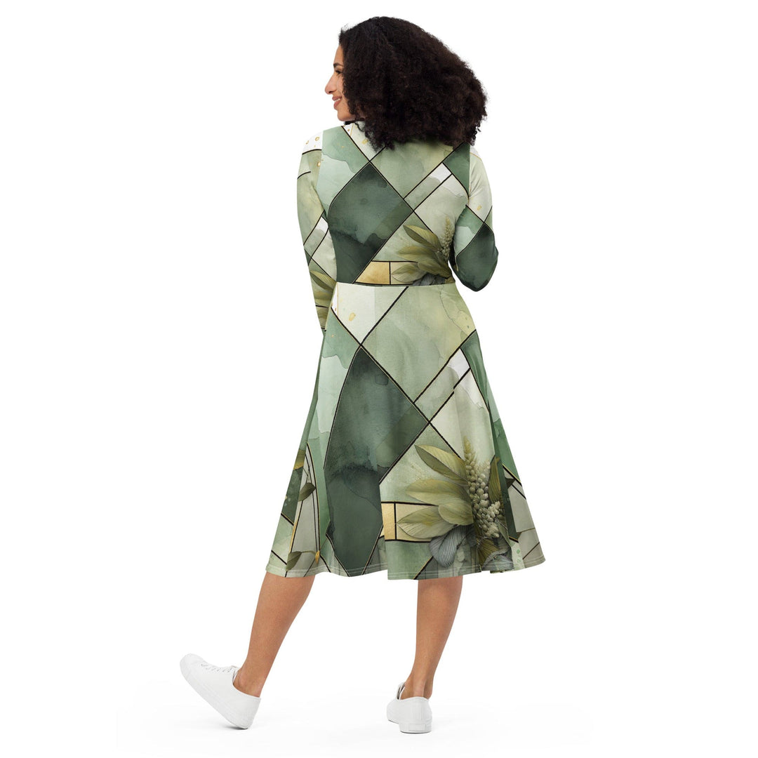 Womens Long Sleeve Midi Dress Olive Green Mint Leaf Geometric Print - Womens