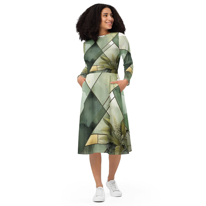 Womens Long Sleeve Midi Dress Olive Green Mint Leaf Geometric Print - Womens