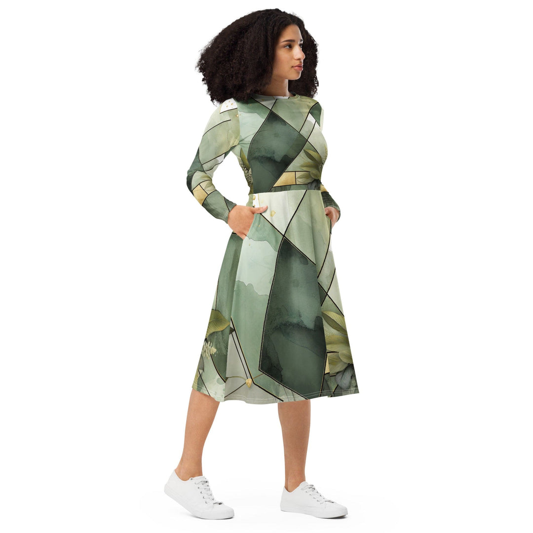 Womens Long Sleeve Midi Dress Olive Green Mint Leaf Geometric Print - Womens