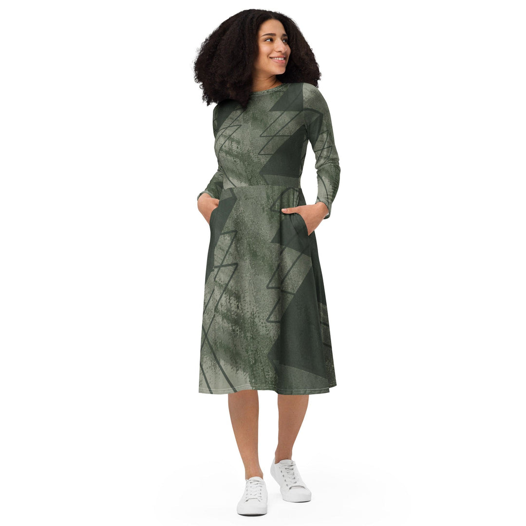 Womens Long Sleeve Midi Dress Olive Green Triangular Colorblock - Womens