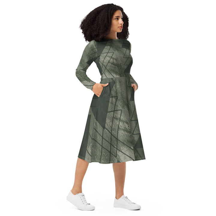 Womens Long Sleeve Midi Dress Olive Green Triangular Colorblock - Womens