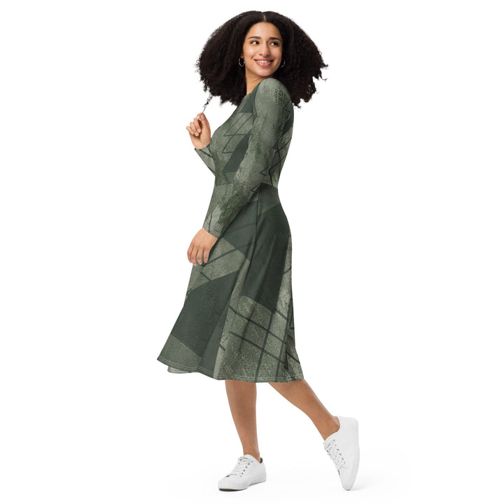 Womens Long Sleeve Midi Dress Olive Green Triangular Colorblock - Womens