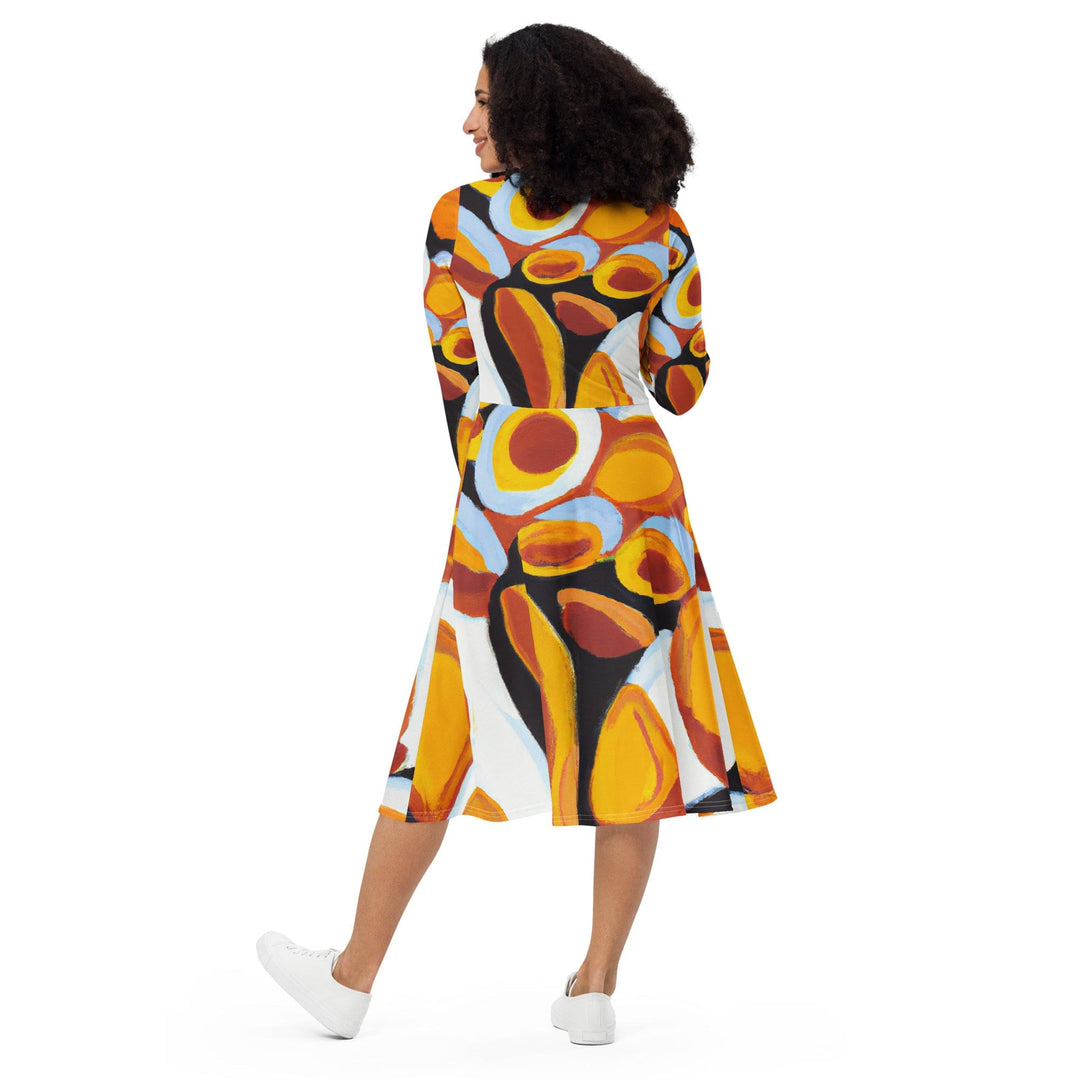 Womens Long Sleeve Midi Dress Orange Black White Geometric Print - Womens