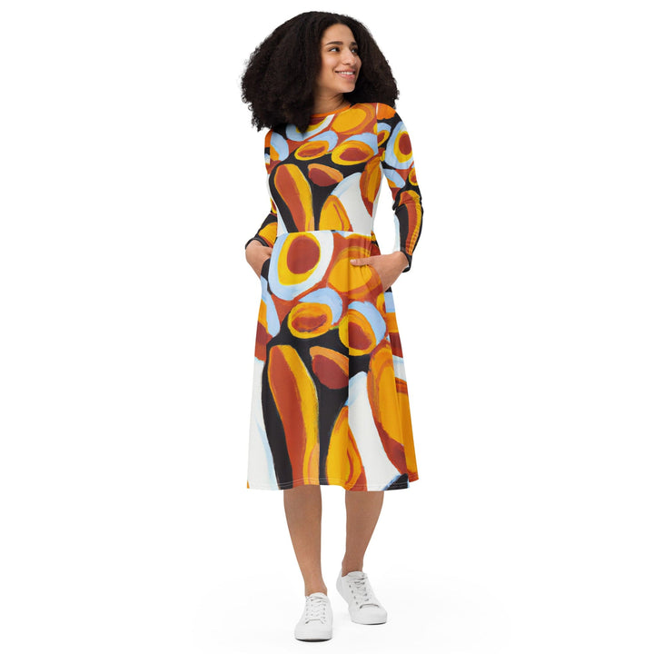 Womens Long Sleeve Midi Dress Orange Black White Geometric Print - Womens