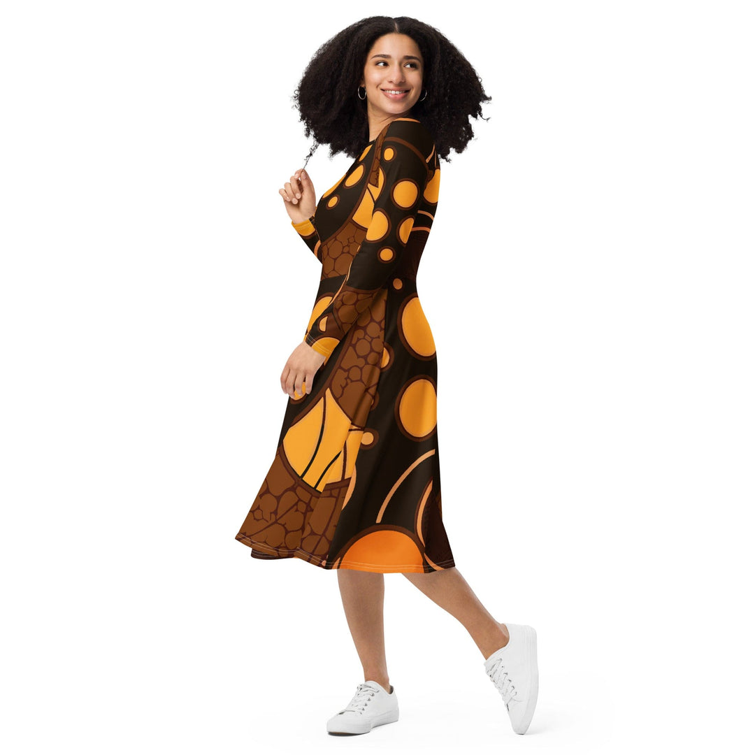 Womens Long Sleeve Midi Dress Orange Brown Spotted Print - Womens | Dresses