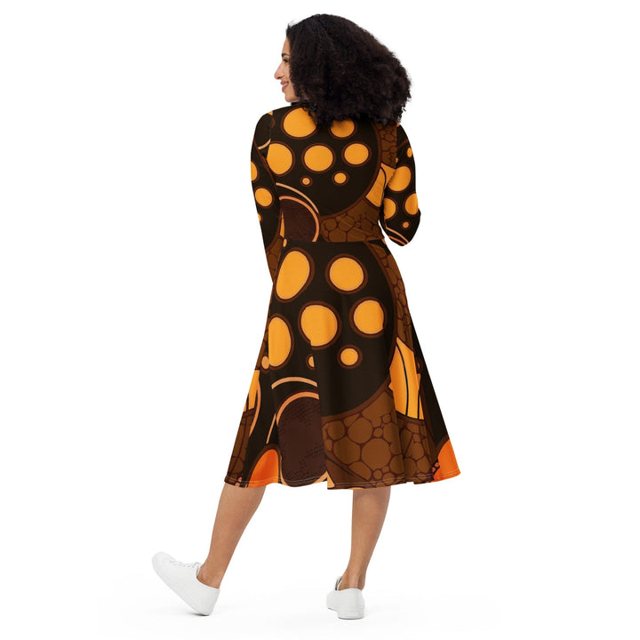 Womens Long Sleeve Midi Dress Orange Brown Spotted Print - Womens | Dresses