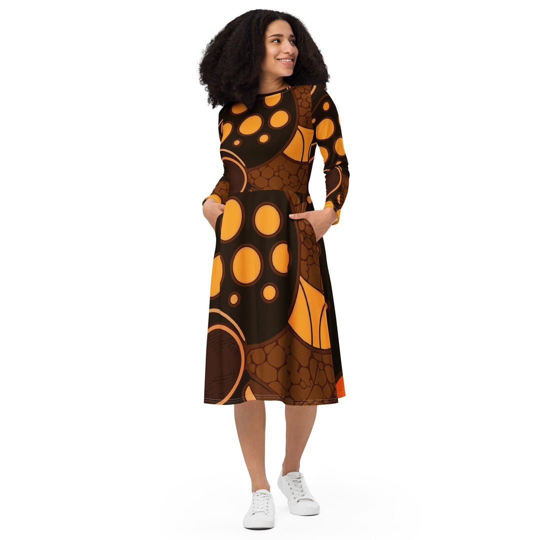 Womens Long Sleeve Midi Dress Orange Brown Spotted Print - Womens | Dresses