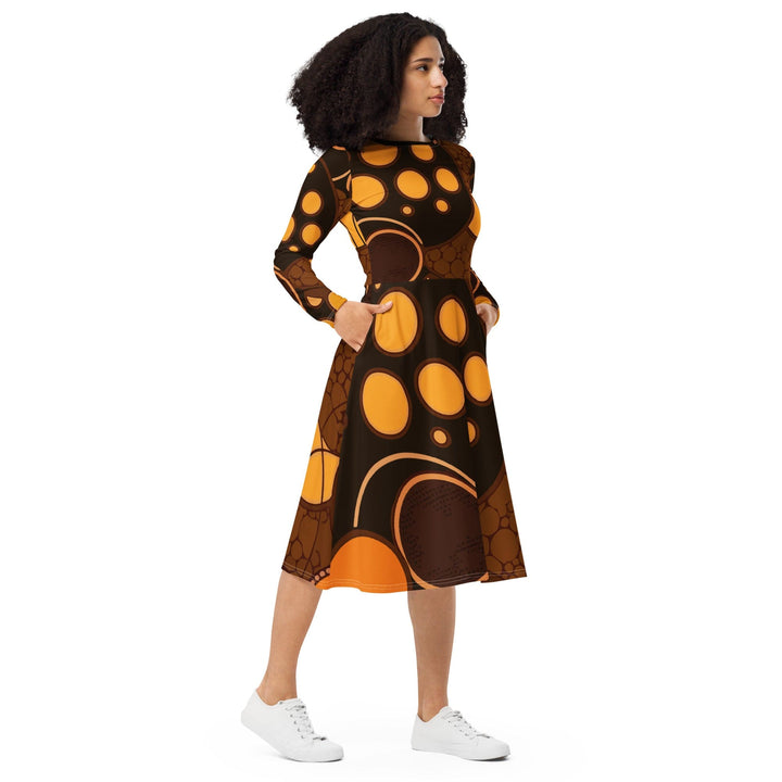 Womens Long Sleeve Midi Dress Orange Brown Spotted Print - Womens | Dresses