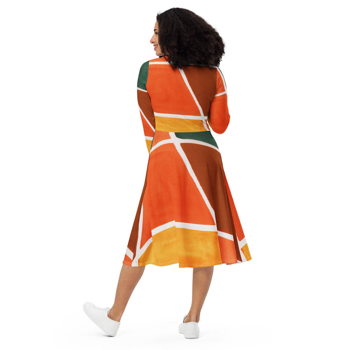 Womens Long Sleeve Midi Dress Orange Green Boho Pattern - Womens | Dresses