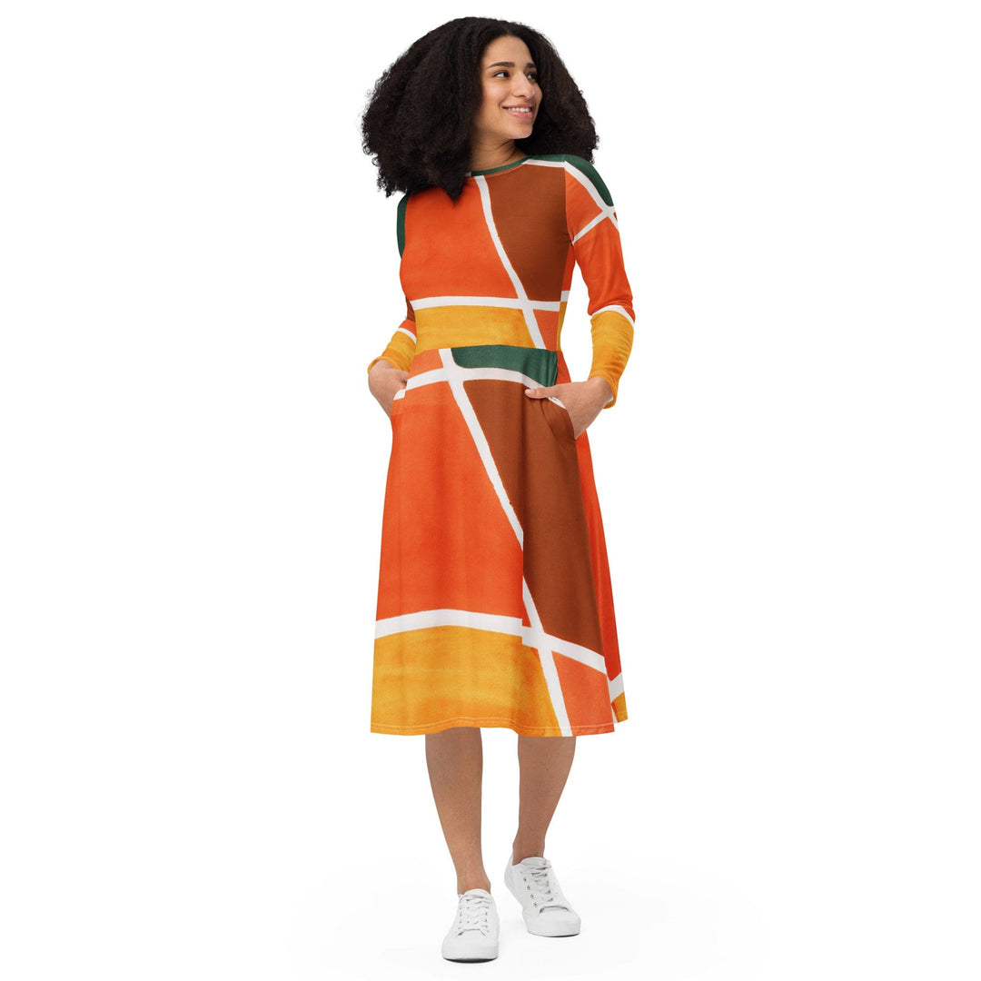 Womens Long Sleeve Midi Dress Orange Green Boho Pattern - Womens | Dresses