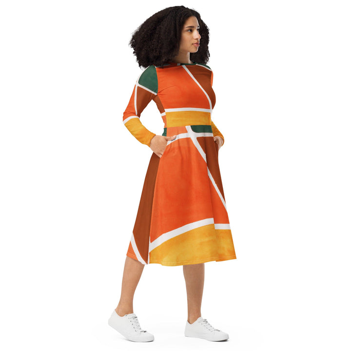 Womens Long Sleeve Midi Dress Orange Green Boho Pattern - Womens | Dresses