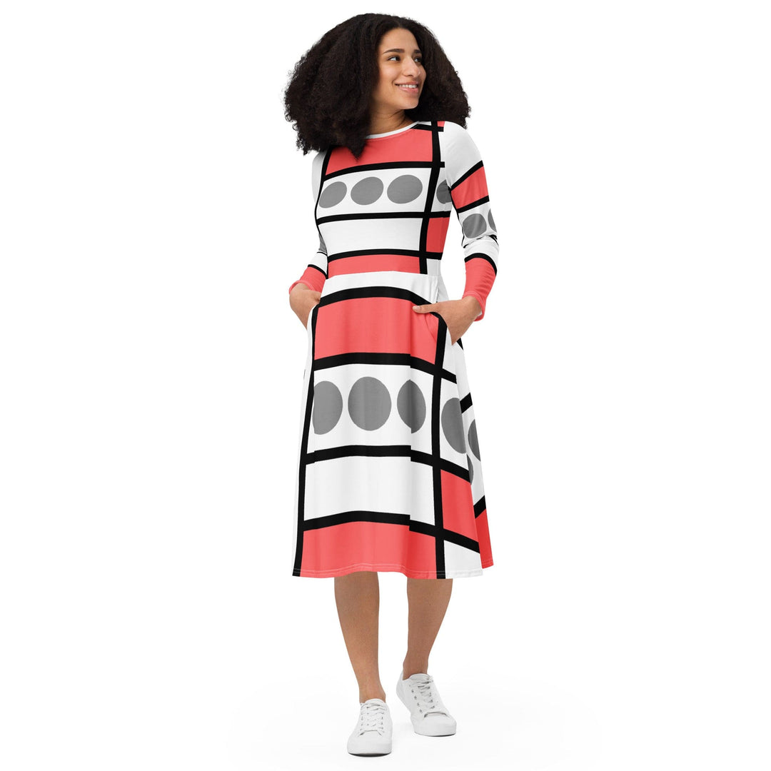 Womens Long Sleeve Midi Dress - Pale Red Print - Womens/Dresses/MIDI/AOP