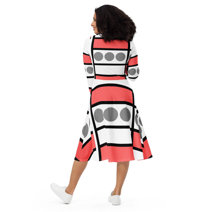Womens Long Sleeve Midi Dress - Pale Red Print - Womens/Dresses/MIDI/AOP