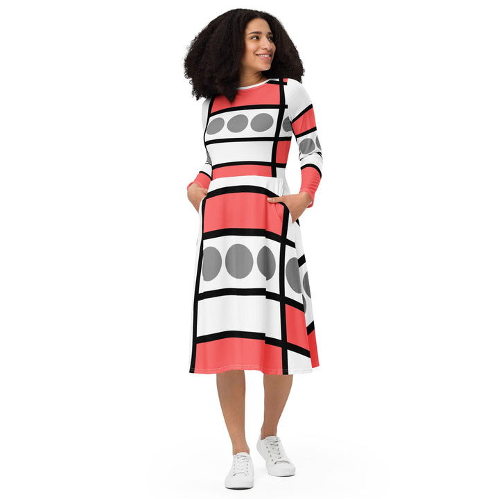Womens Long Sleeve Midi Dress - Pale Red Print - Womens/Dresses/MIDI/AOP