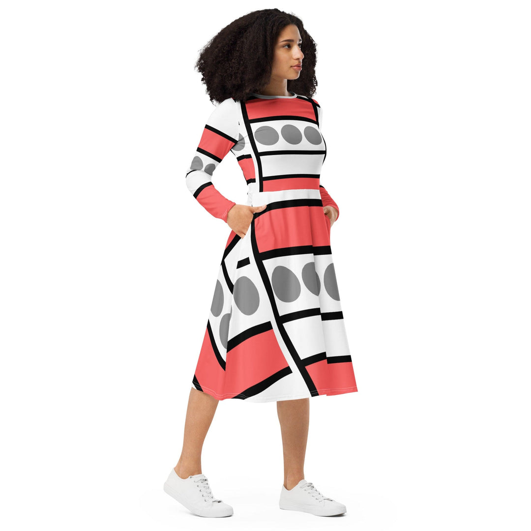 Womens Long Sleeve Midi Dress - Pale Red Print - Womens/Dresses/MIDI/AOP