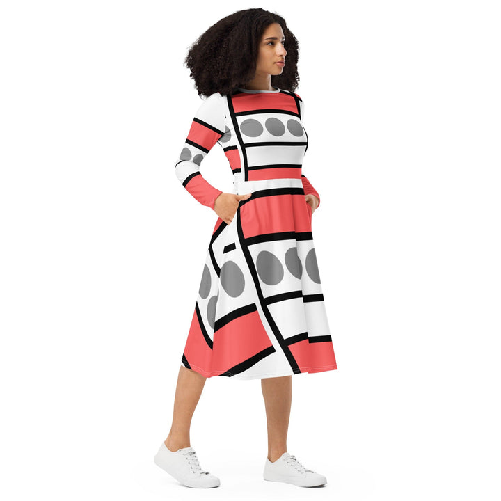Womens Long Sleeve Midi Dress - Pale Red Print - Womens/Dresses/MIDI/AOP