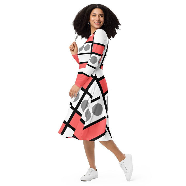 Womens Long Sleeve Midi Dress - Pale Red Print - Womens/Dresses/MIDI/AOP