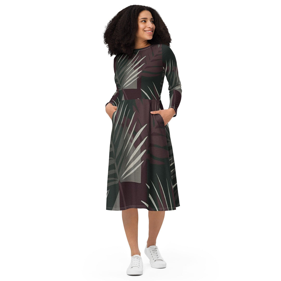 Womens Long Sleeve Midi Dress Palm Tree Leaves Maroon Green - Womens | Dresses