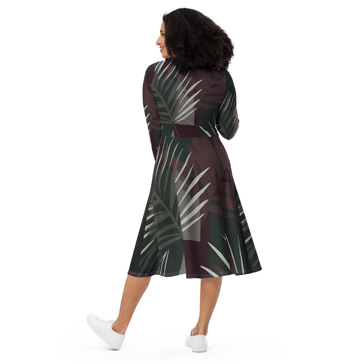 Womens Long Sleeve Midi Dress Palm Tree Leaves Maroon Green - Womens | Dresses