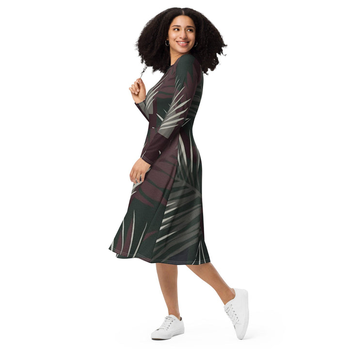 Womens Long Sleeve Midi Dress Palm Tree Leaves Maroon Green - Womens | Dresses