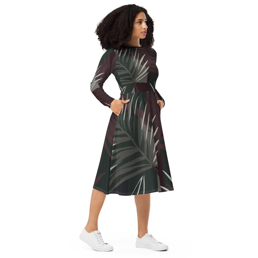 Womens Long Sleeve Midi Dress Palm Tree Leaves Maroon Green - Womens | Dresses