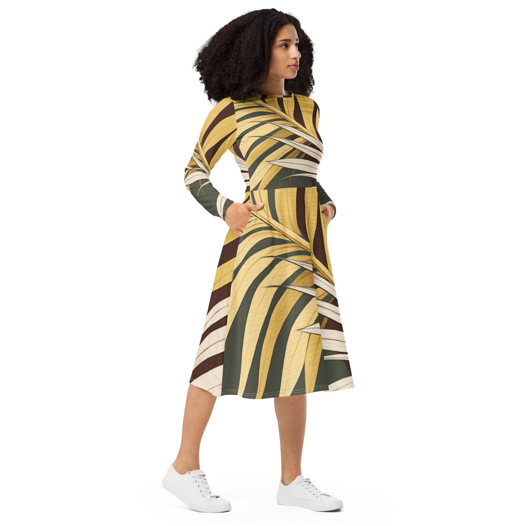 Womens Long Sleeve Midi Dress Palm Tree Leaves Pattern - Womens | Dresses