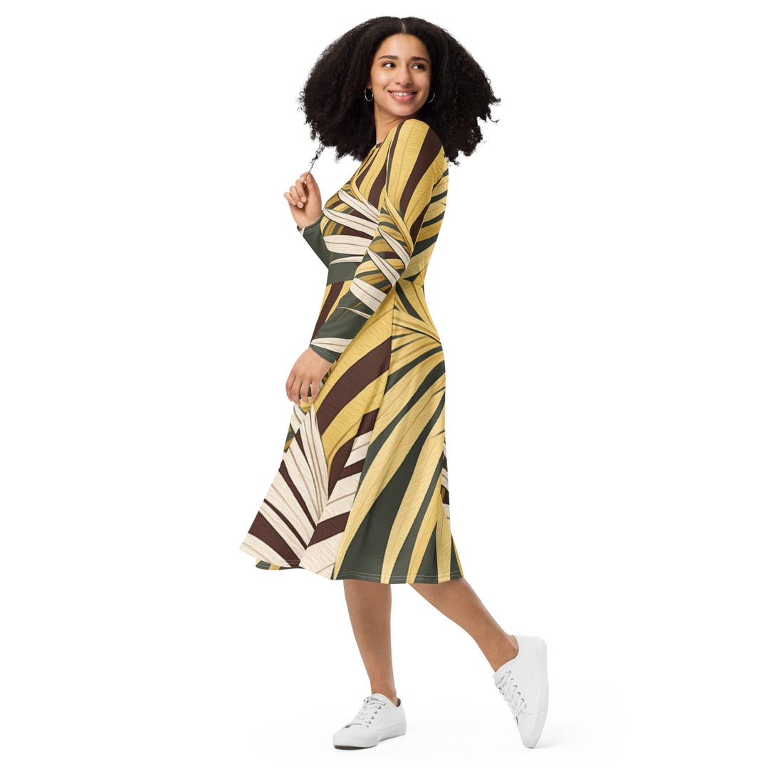 Womens Long Sleeve Midi Dress Palm Tree Leaves Pattern - Womens | Dresses