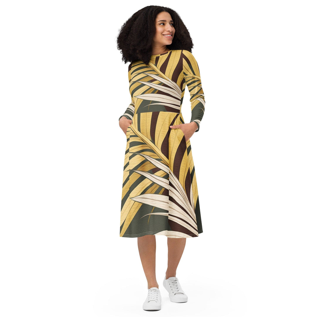 Womens Long Sleeve Midi Dress Palm Tree Leaves Pattern - Womens | Dresses