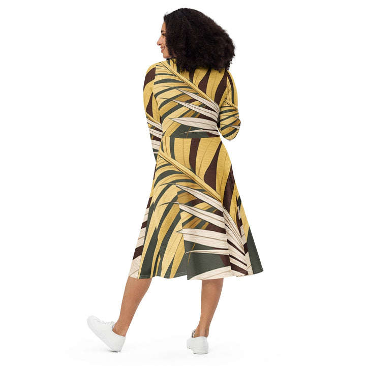 Womens Long Sleeve Midi Dress Palm Tree Leaves Pattern - Womens | Dresses