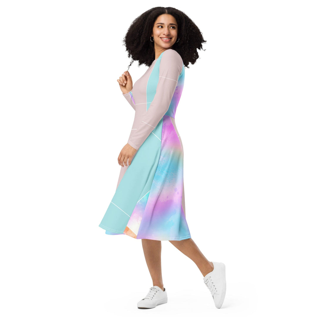 Womens Long Sleeve Midi Dress Pastel Colorblock Watercolor - Womens | Dresses