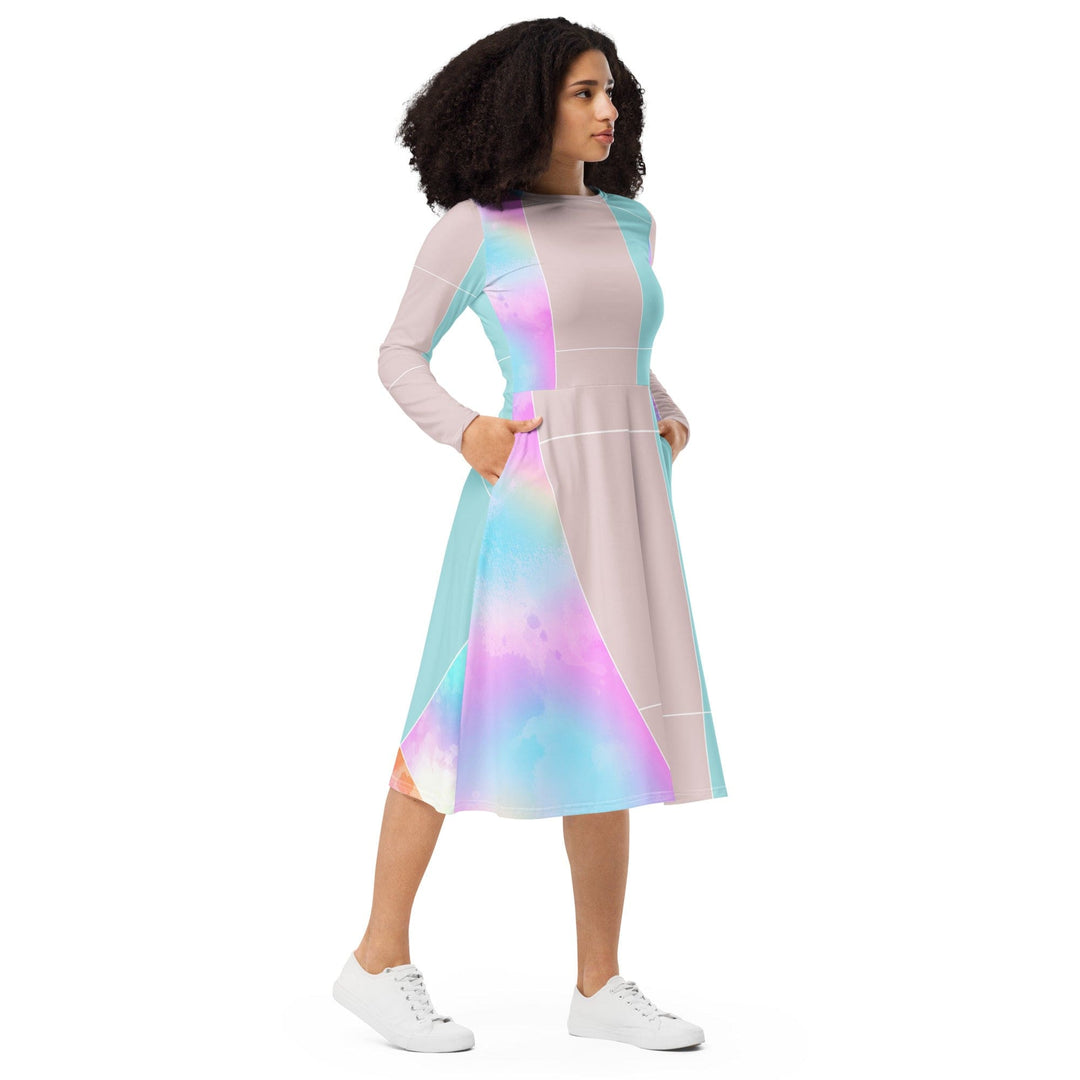 Womens Long Sleeve Midi Dress Pastel Colorblock Watercolor - Womens | Dresses