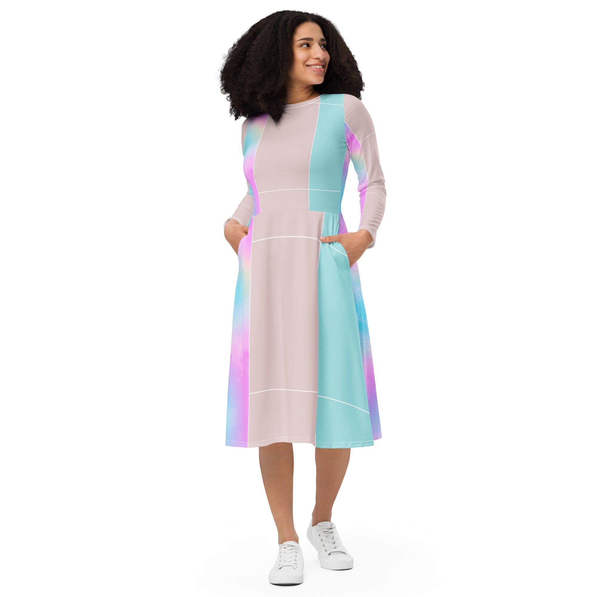 Womens Long Sleeve Midi Dress - Pastel Colorblock Watercolor – inQue.Style