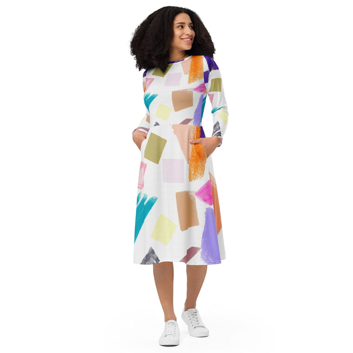 Womens Long Sleeve Midi Dress Pastel Pattern - Womens | Dresses | MIDI | AOP