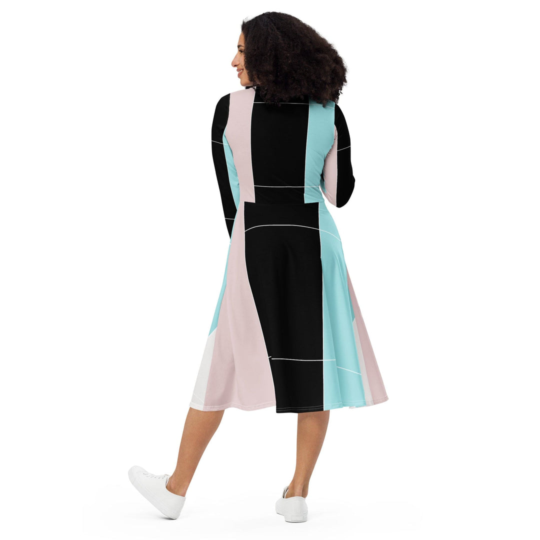 Womens Long Sleeve Midi Dress Pastel Pink Black Blue Colorblock Lines - Womens