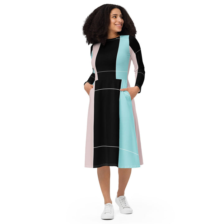 Womens Long Sleeve Midi Dress Pastel Pink Black Blue Colorblock Lines - Womens