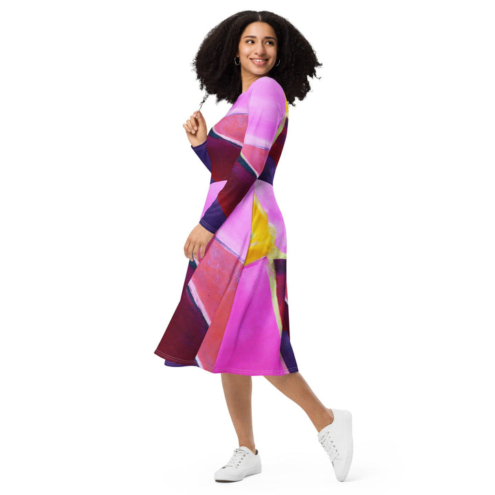 Womens Long Sleeve Midi Dress Pink and Purple Pattern - Womens | Dresses | MIDI