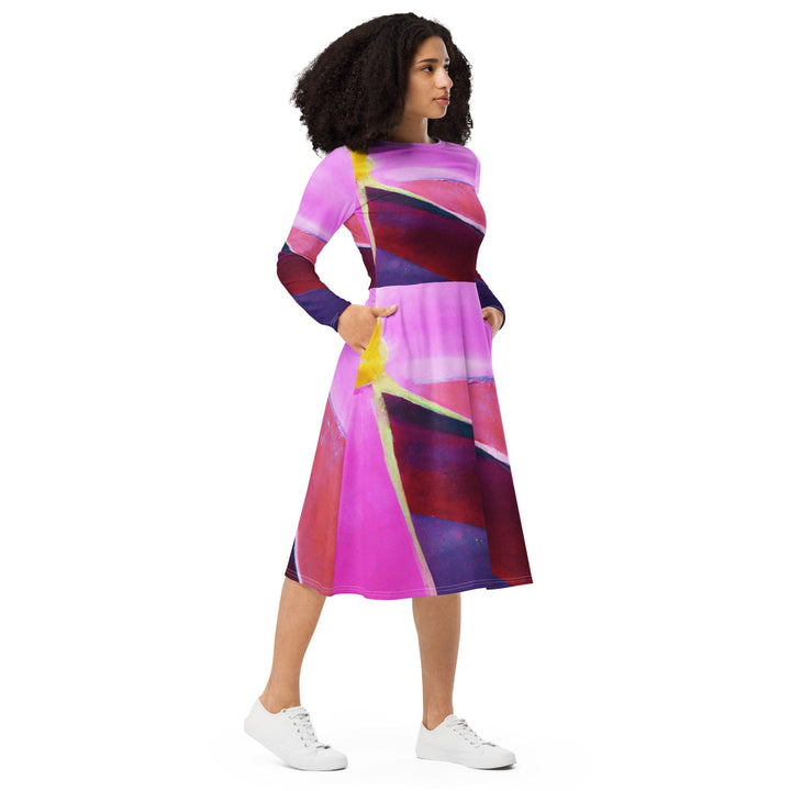 Womens Long Sleeve Midi Dress Pink and Purple Pattern - Womens | Dresses | MIDI