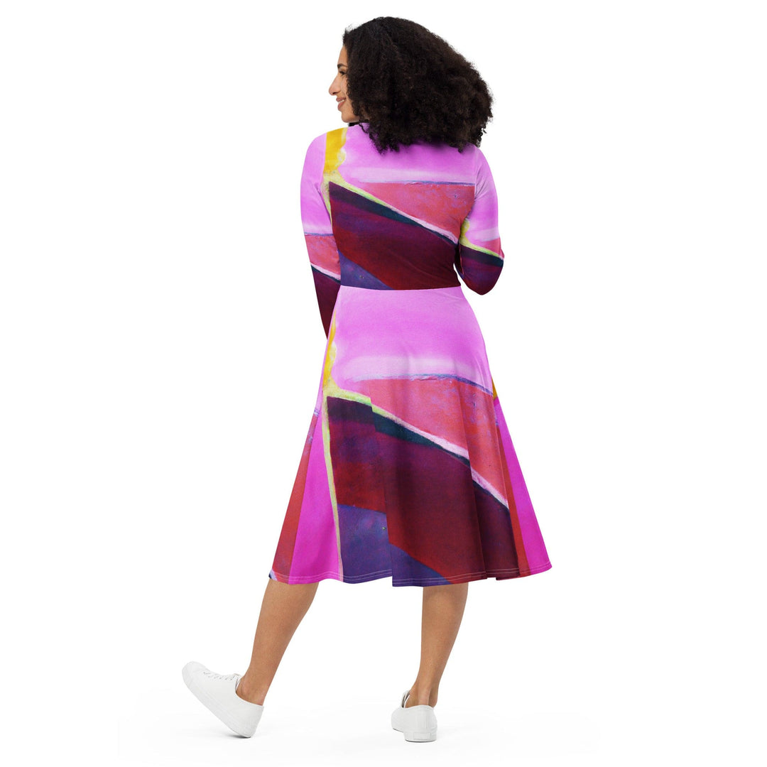 Womens Long Sleeve Midi Dress Pink and Purple Pattern - Womens | Dresses | MIDI