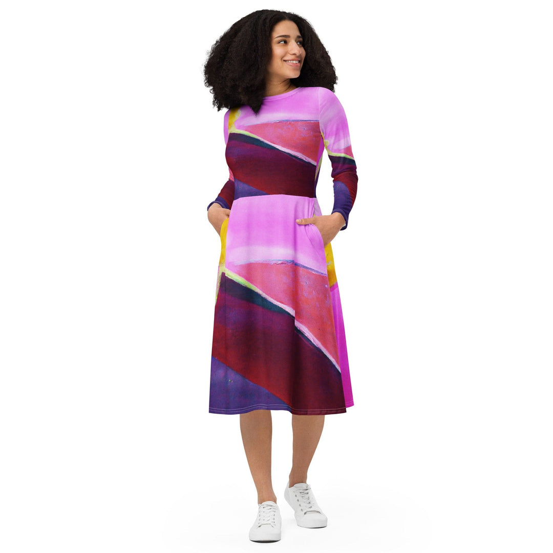 Womens Long Sleeve Midi Dress Pink and Purple Pattern - Womens | Dresses | MIDI