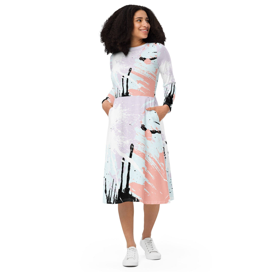 Womens Long Sleeve Midi Dress Pink Black Abstract Print - Womens | Dresses