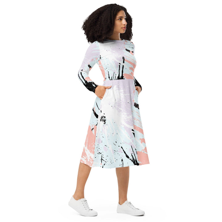 Womens Long Sleeve Midi Dress Pink Black Abstract Print - Womens | Dresses