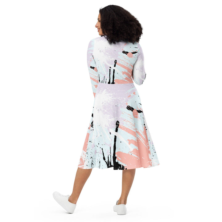 Womens Long Sleeve Midi Dress Pink Black Abstract Print - Womens | Dresses