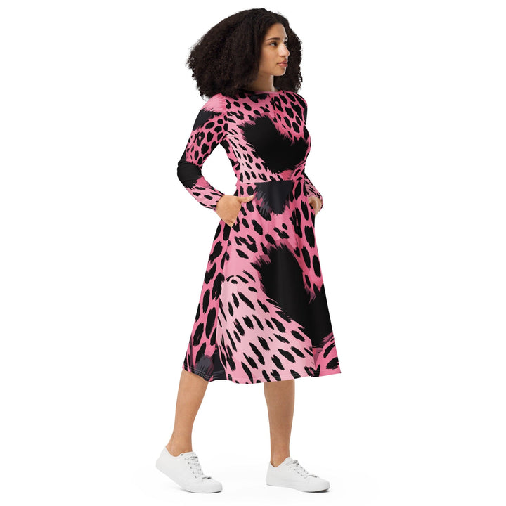 Womens Long Sleeve Midi Dress Pink Black Spotted Print - Womens | Dresses