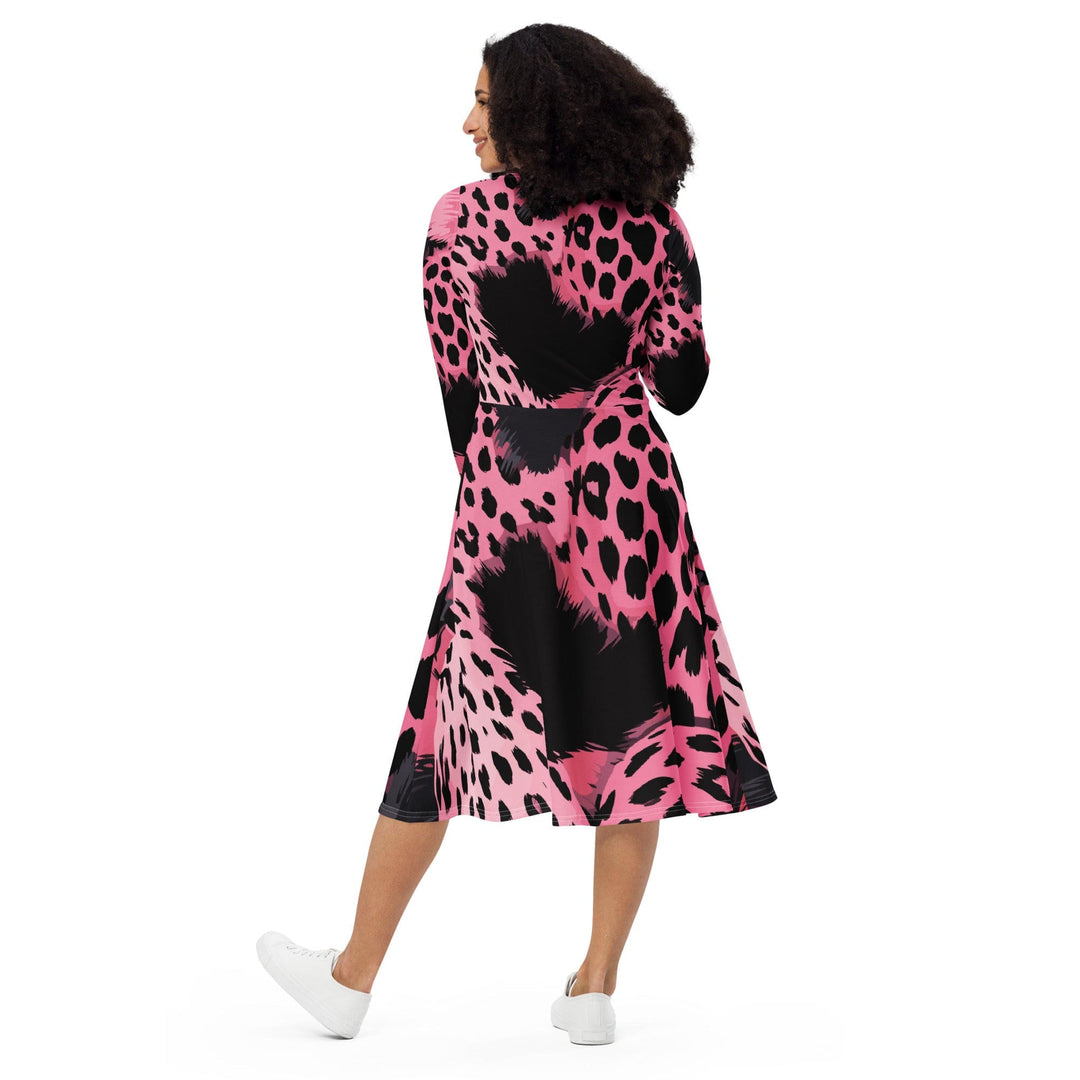 Womens Long Sleeve Midi Dress Pink Black Spotted Print - Womens | Dresses