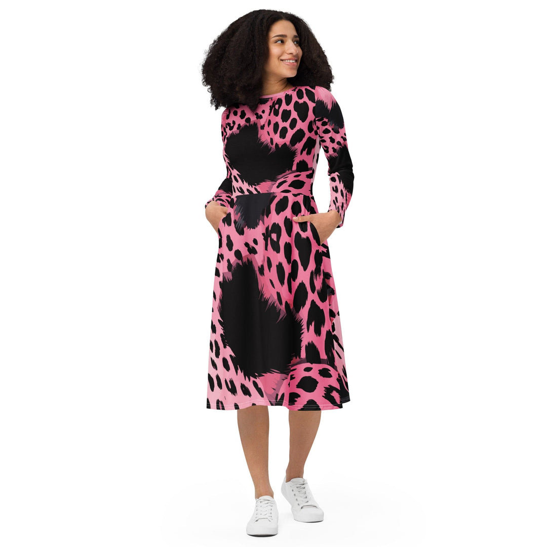 Womens Long Sleeve Midi Dress Pink Black Spotted Print - Womens | Dresses