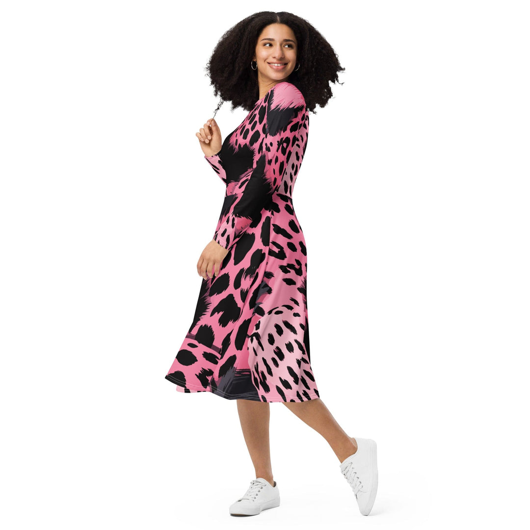 Womens Long Sleeve Midi Dress Pink Black Spotted Print - Womens | Dresses