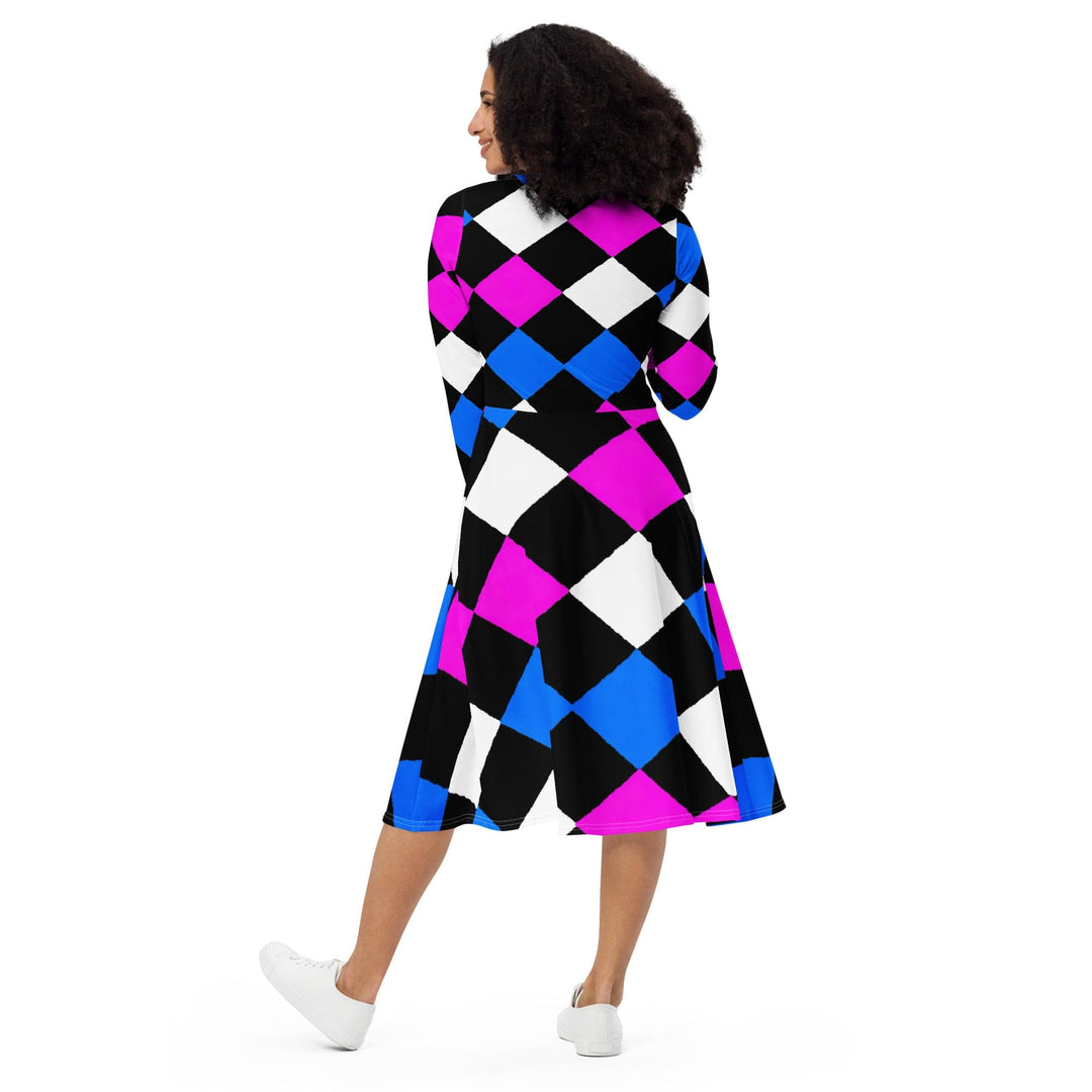 Womens Long Sleeve Midi Dress Pink Blue Checkered Pattern - Womens | Dresses