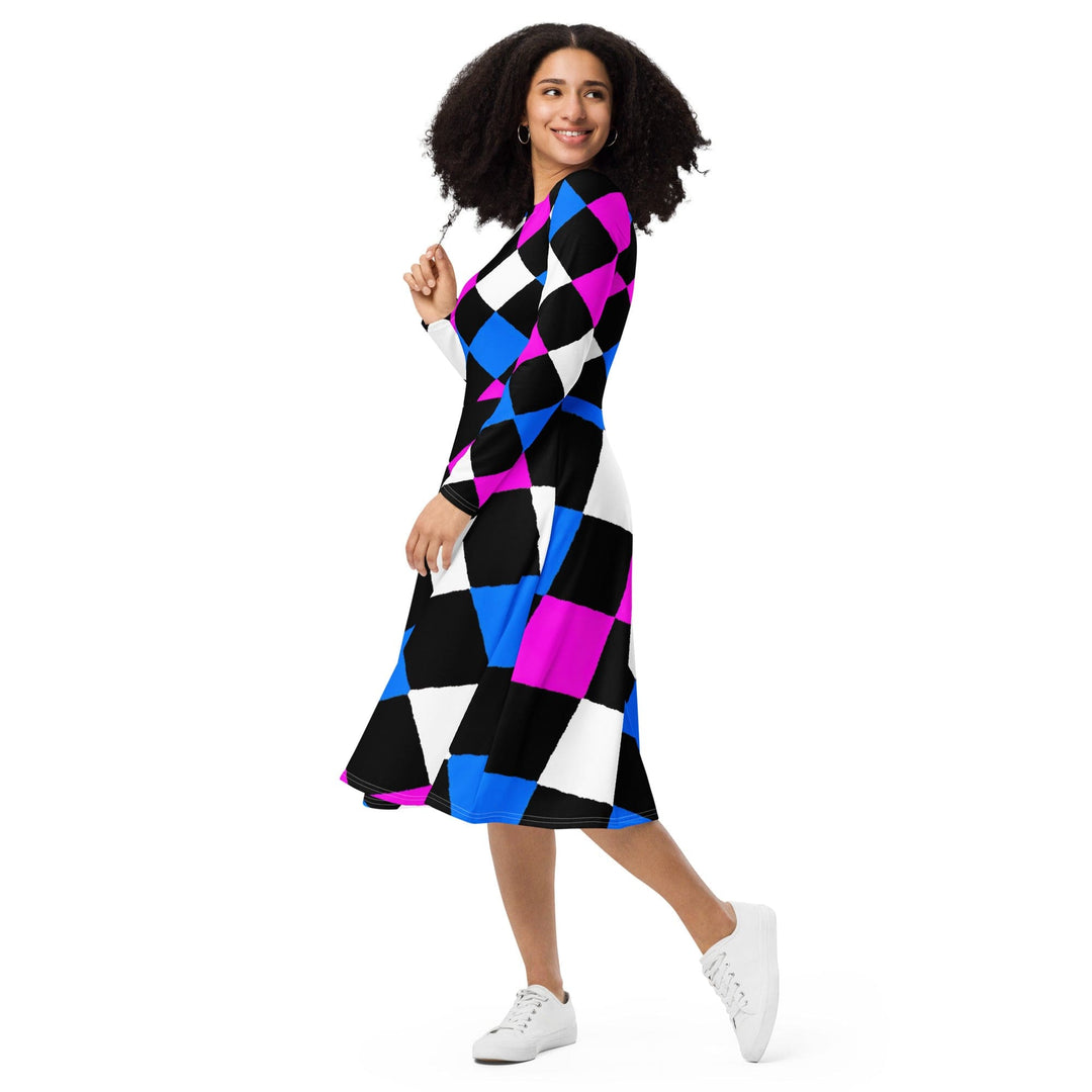 Womens Long Sleeve Midi Dress Pink Blue Checkered Pattern - Womens | Dresses