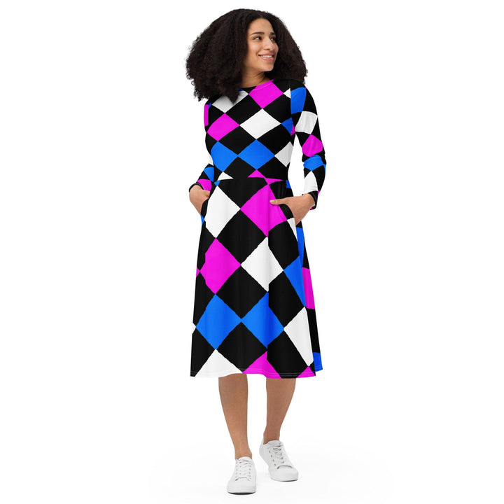 Womens Long Sleeve Midi Dress Pink Blue Checkered Pattern - Womens | Dresses